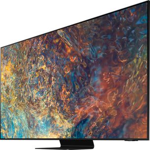 Samsung QE50QN90A-fladskærm, der viser et abstrakt maleri med varme farver og flydende teksturer, der minder om ild