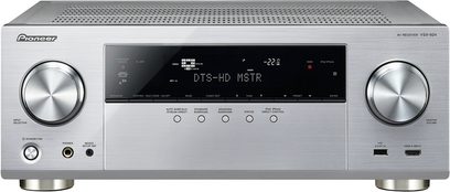 Pioneer VSX-924-S sølv hjemmebiograf-forstærker, front med LCD-skærm, knapper, porte, ventilationsgitter