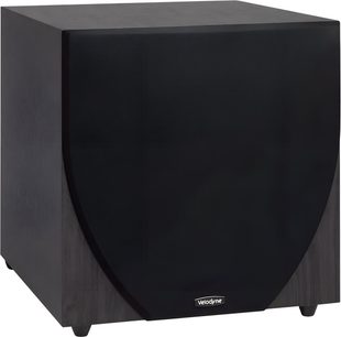 Velodyne EQ-MAX 8 sort subwoofer, set forfra, kubisk form, mørk træfinish, sort gitter på forsiden