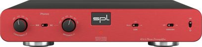 Preamplificatore phono SPL Phonos rosso con pannello frontale rosso, due manopole rotative, tre interruttori, una spia luminosa e un logo centrale