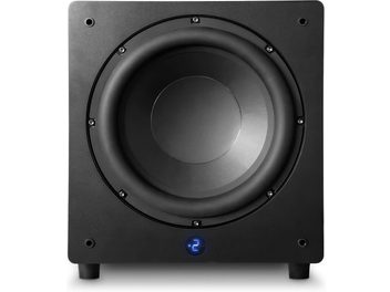 Subwoofer Velodyne Impact X12 en negro mate, vista frontal, altavoz circular negro en el centro, diodo azul en la parte inferior