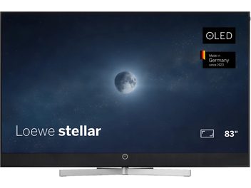 Loewe Stellar 83 DR+ televisie zwart, vooraanzicht, OLED-scherm met dunne rand, geïntegreerde soundbar en zilverkleurige voet