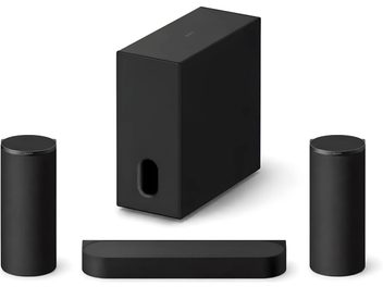 Sistema home cinema Sony nero con subwoofer rettangolare barra orizzontale e due diffusori posteriori cilindrici