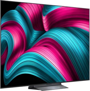 LG OLED77C5 højopløsnings-tv i sort med ultratynd metalramme og mørkt centralt metalstativ, stor flad OLED-skærm vist i trekvart forfra