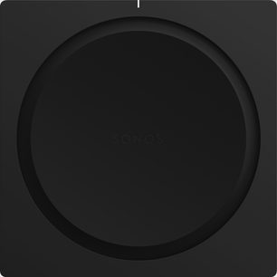 Čierny integrovaný stereo hi-fi zosilňovač Sonos Amp, pohľad zhora, minimalistické štvorcové šasi s veľkým zapusteným kruhom uprostred