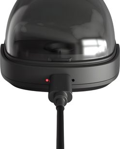 Bilancia per giradischi HumminGuru S-DUO Pro nera, primo piano con cupola fumé e cavo collegato
