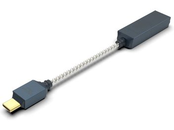 Bærbar lydkonverter iFi Audio GO Link 2 Max mørkeblå med sølvfarvet flettet kabel og guldfarvet USB-C-stik