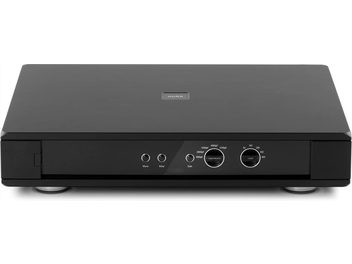 Preamplificatore fonorivelatore Rega Aura MC, cassa nera opaca e lucida, frontale con manopole cromate e loghi bianchi