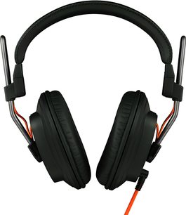Fostex T-50RP MK3 hi-fi-hovedtelefoner i sort med polstret hovedbøjle, store ovale ørepuder og orange kabel