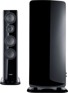 Canton Vento 81 floorstanding speaker in black lacquer, front and rear view, with four front-mounted drivers