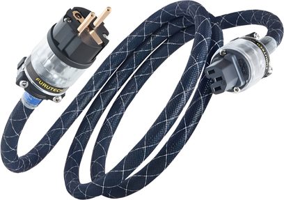 Síťový napájecí kabel Furutech The Astoria Plus E, modrý křížově tkaný oplet, průhledné zástrčky Schuko a IEC