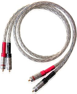 Xindak FA 2 RCA analogt lydkabel med røde RCA-stik, sølvfarvet flettet kappe og synlige ledere i enderne