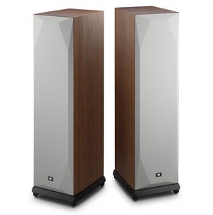 Пара підлогових акустичних систем Mofi Electronics SourcePoint 888, горіх, сіра текстурована передня панель, дерев’яні боковини та чорна основа