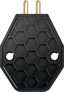 Черна метална хи-фи клетка Ortofon MC X10, преден изглед, повърхност с пчелна писта, две златни цилиндрични штифта, излизащи отгоре, и две подравнени отвора за монтаж отдолу