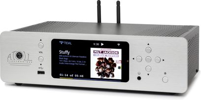 Lettore audio di rete Atoll Mini Streamer MS120 argento, chassis in alluminio, display frontale, pulsanti, connettori posteriori