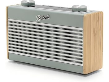 Roberts Rambler Uno Tischradio in Entenblau, mit horizontalem Metallgitter an der Front, hellen Holzseiten, zwei großen grauen runden Knöpfen oben, Dreiviertelansicht von vorne rechts