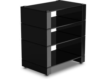 Nábytek Hi-Fi Monitor Audio Blok Stax 2G, pohled ze tří čtvrtin, černá konstrukce, tři police, čtvercové nohy