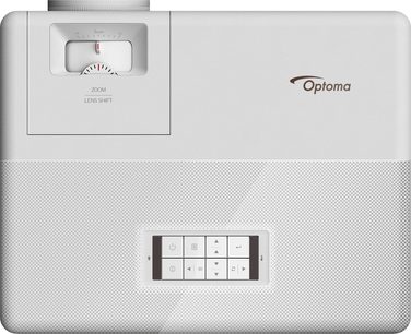 Optoma UHZ50 hvid videoprojektor, set ovenfra, med zoom, linseforskydning, kontrolpanel med knapper og Optoma-logo