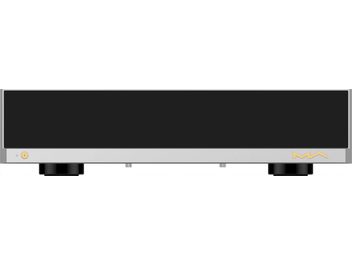Matrix Audio MS‑1 nettverksspiller i sølvfarget aluminium, sort frontpanel sett forfra, sirkulær gullfarget knapp til venstre, gult «MA»-logo til høyre, plassert på to svarte sylindriske føtter