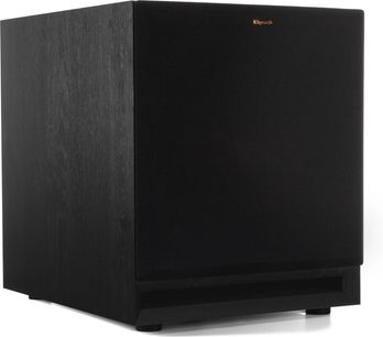 Subwoofer Klipsch SPL-120, vista angolare, finitura nera, griglia frontale rettangolare, logo dorato in alto, condotto reflex inferiore