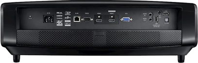 Optoma UHZ65 sort videoprojektor, set forfra, med tilslutninger og kontrolknapper på bagpanelet