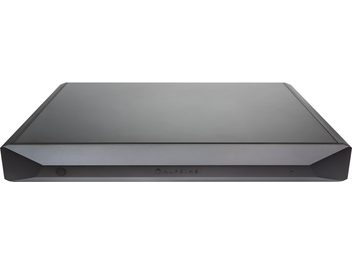 Nuprime Evolution STA SE black high-fidelity power amplifier, front view with angled front panel and round button