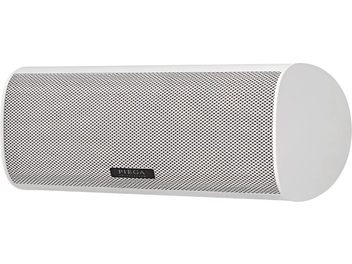 Witte slimme luidspreker Piega Ace Center, horizontale cilindervorm, groot metalen frontrooster