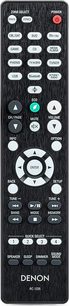 Telecomando nero Denon RC-1235 con pulsanti grigi e bianchi per diverse funzioni audio e video