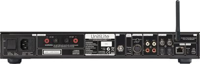 Systém Naim Audio UNITILITE s vysokou věrností v černé barvě, přední panel s konektory, tlačítky a displejem, pohled zepředu