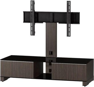 Sort og mørkebrun træ TV-møbel med centralt ben, 2 opbevaringsskabe og integreret drejelig TV-holder