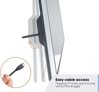 Sort og grå metalvægbeslag til TV, set fra siden. Sort HDMI-kabel tilsluttet beslaget. Hånd, der holder kablet