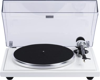 Hi-fi platenspeler EAT European Audio Team B-Sharp wit, vooraanzicht, transparante deksel, zwarte draaitafel, zilveren arm