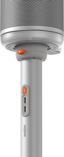 XGIMI-projektorholder MoGo 4 gulvstand i sølvfarvet aluminium, close-up, orange knap og to USB-C-porte