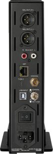 High-fidelity headphone preamp EF499, rear view, XLR, RCA, Ethernet, USB Type-C, USB-B, coaxial connectors, power switch