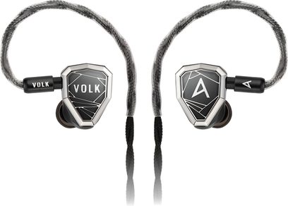 Šedá a černá intraaurální sluchátka Astell&Kern STELLA, hranaté skořepiny s pleteným kabelem vedeným přes ucho