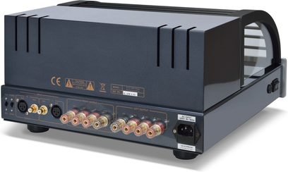 Amplificatore PrimaLuna EVO 300 argento, vista frontale, pannello nero con manopole e prese dorate, 8 valvole sulla parte superiore