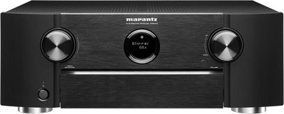 Marantz SR6009 sort hjemmebiografsforstærker, frontpanel, frontvisning, blåt display, 2 sølvfarvede drejeknapper, 3 runde knapper