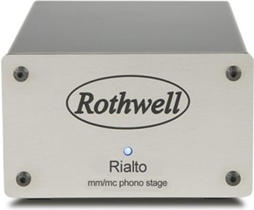 Rothwell Rialto phono-forforstærker, lys grå metalkabinettet, set forfra, sort oval "Rothwell"-logo, blå LED
