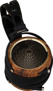Sluchátka Sendy Audio Peacock Zebra, otevřená konstrukce, zebrano dřevo, černá mřížka s paprskovitým vzorem, černý oblouk a polstrování