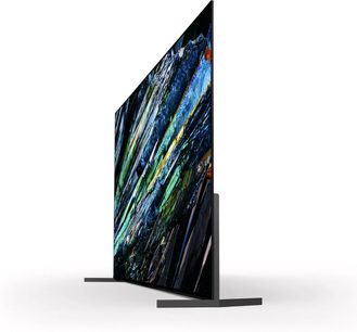 Téléviseur haute définition Sony XR65A95L, vue latérale, écran mince, support métallique, image colorée abstraite