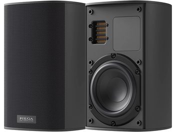 Enceinte sans fil connectée Piega Ace 30 Wireless (TX + RT) noir, vue de face et de dos, grille perforée, haut-parleur circulaire