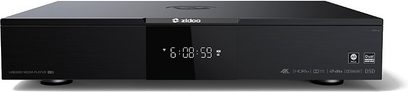Zidoo UHD3000 sort multimedie-afspiller, frontvisning, blå LED-display "6:08:59", blank front, to fødder
