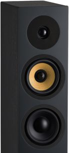 Boxă de podea Davis Acoustics Krypton 6 Technik negru, vedere parțială din unghi, fațadă cu 3 difuzoare circulare aliniate.