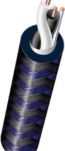 Analogt XLR-audiokabel fra Audioquest Diamondback, set i tværsnit, med blå kappe og sølvfarvede spiralformede ledere