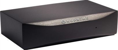 Síťový audio přehrávač Nuprime Omnia Stream Mini v černé barvě, obdélníkové pouzdro, přední zkosený panel se stříbrným logem