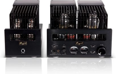 Preamplificatore per cuffie hi-fi Cayin HA-300MK2 nero in metallo spazzolato, doppio telaio con valvole protette da griglie verticali, VU meter analogici, prese per cuffie e grande manopola del volume sul frontale, vista frontale