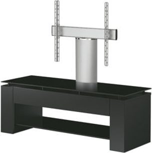 Vogel's Q6220 sort audio-/videomøbel med metalstøtte til TV, glashylde og lukket rum, set forfra i perspektiv