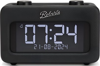 Roberts Revival Rest siyah masa radyosu, tahıl deseni taklit deri dikdörtgen kasa, geniş dijital ekran ve üst kısımda iki düğme, ön görünüm