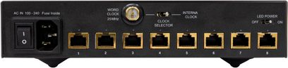 NuPrime SW-9X netværksswitch i sort, set bagfra med otte guldfarvede Ethernet-porte og clockvælgere