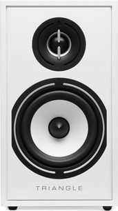 Enceinte bibliothèque Triangle Borea BR02 blanc, vue de face, tweeter et haut-parleur circulaires noirs centrés sur façade blanche
